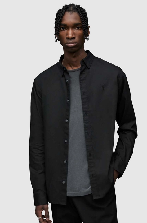 Košeľa AllSaints pánska, čierna farba, regular, s golierom button-down