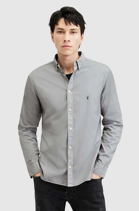 Риза AllSaints мъжка в сиво със стандартна кройка с класическа яка