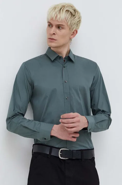 Košile HUGO pánská, zelená barva, slim, s klasickým límcem, 50479396