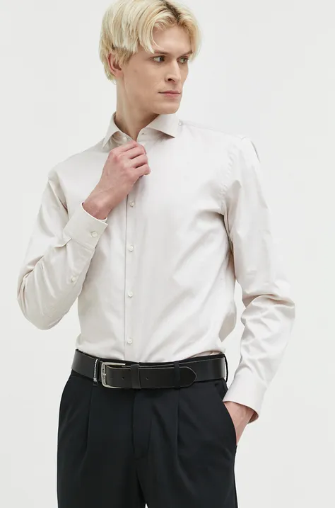 Βαμβακερό πουκάμισο HUGO ανδρικό, χρώμα: μπεζ