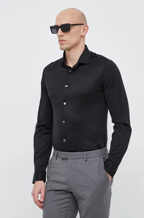 Риза Emporio Armani мъжка в черно с кройка по тялото с класическа яка