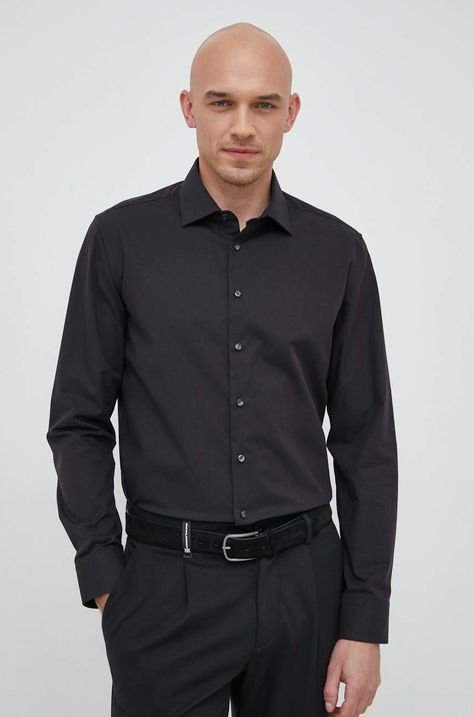 Бавовняна сорочка Seidensticker чоловіча колір чорний slim класичний комір