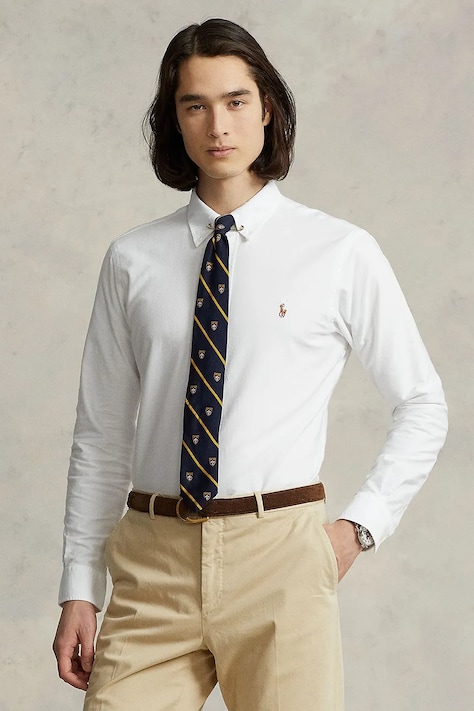 Βαμβακερό πουκάμισο Polo Ralph Lauren ανδρικό, χρώμα: άσπρο, 710792041