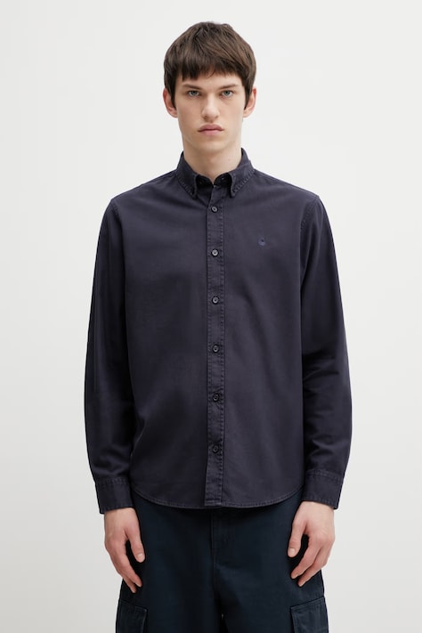 Carhartt WIP koszula bawełniana męska granatowa gładka