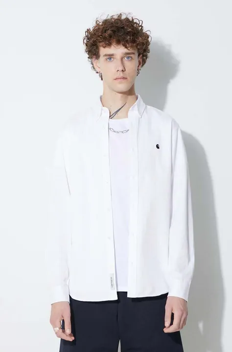 Памучна риза Carhartt WIP Madison Shirt мъжка в бяло със стандартна кройка с яка с копче