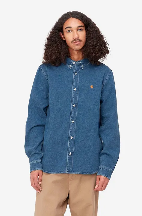 Дънкова риза Carhartt WIP Weldon Shirt мъжка в синьо със свободна кройка с яка с копче
