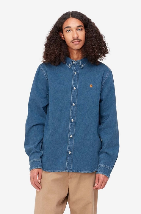 Rifľová košeľa Carhartt WIP Weldon Shirt I031928-BLUESTONE, pánska, voľný strih, s golierom button-down