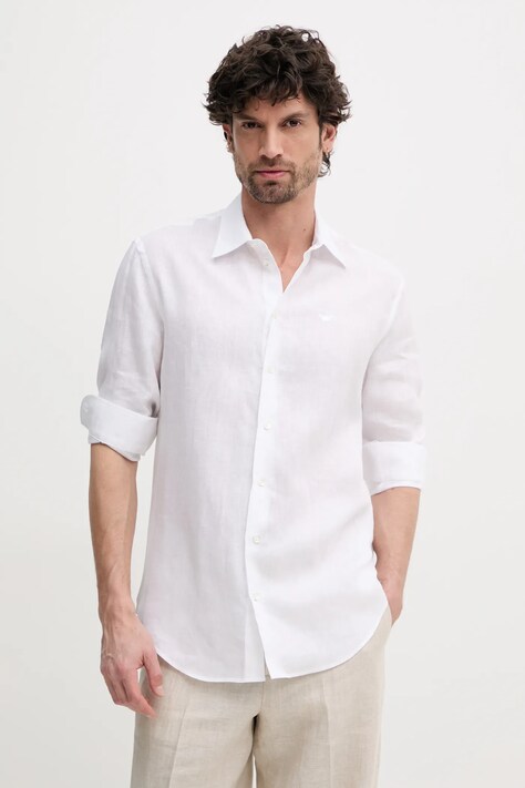 Льняная рубашка Emporio Armani мужская цвет белый regular классический воротник 01SM0L 010F9