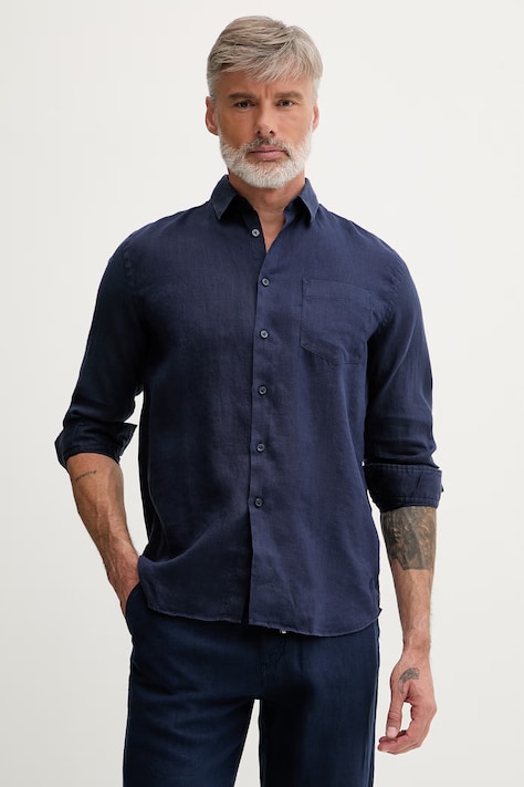 Vilebrequin koszula męska lniana CAROUBIS granatowa gładka CRSD3U00