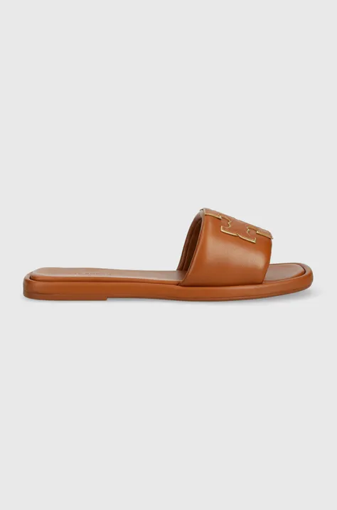 Kožené pantofle Tory Burch Double T Sport Slide dámské, hnědá barva, 79985-202