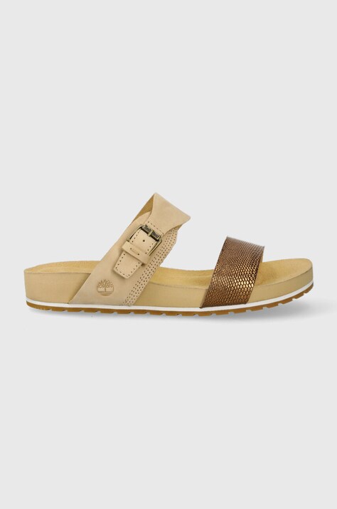 Timberland leather sliders Malibu Waves 2 men's beige color