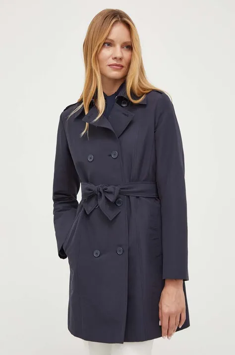 Trench kabát MAX&Co. dámský, tmavomodrá barva, přechodný, dvouřadový
