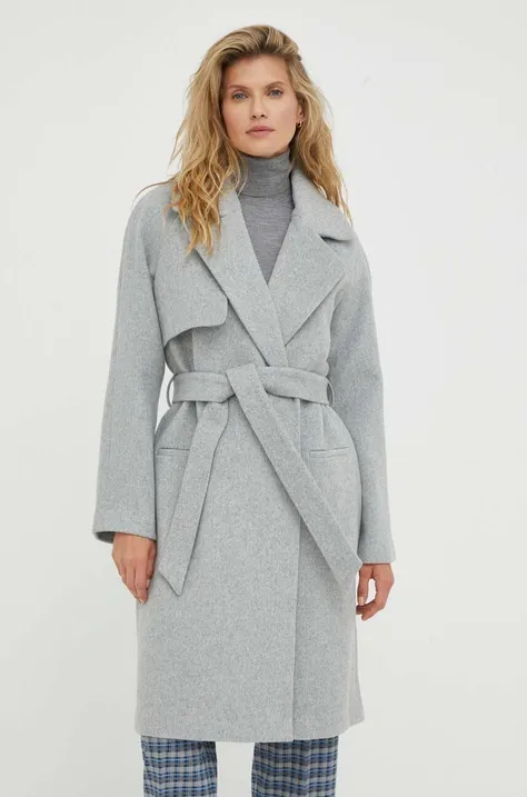 Vlnený kabát 2NDDAY Livia šedá farba, prechodný, dvojradový
