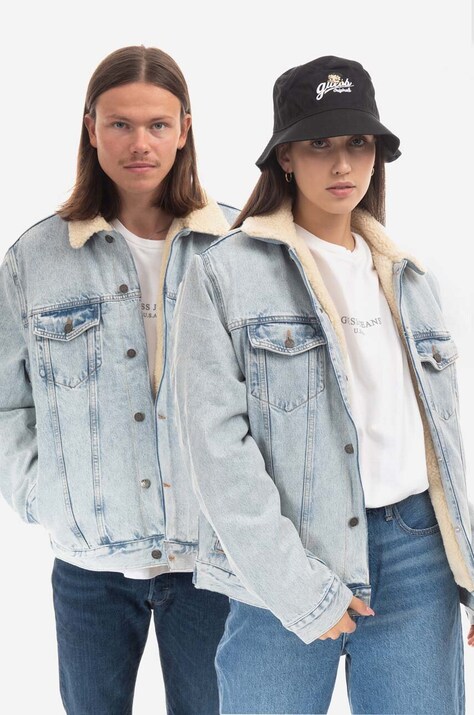 Guess geacă din denim bărbați, de tranziție, Kurtka GUESS USA Gusa Blue Denim Sherpa Jacket M2BN00D4S10 F9JJ M2BN00.D4S10-F9JJ