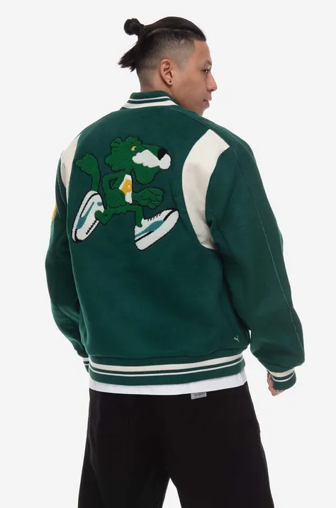 Puma jachetă bomber din amestec de lână The Mascot T7 College culoarea verde, de tranziție, oversize 539839.94-green