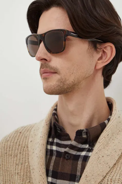 Emporio Armani okulary przeciwsłoneczne męskie kolor brązowy