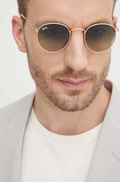 Ray-Ban ochelari de soare ROUND METAL barbati, culoarea auriu, 0RB3447