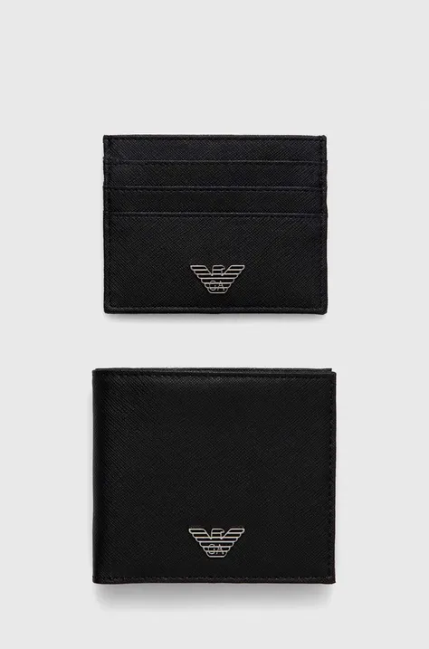 Usnjena denarnica in etui za kartice Emporio Armani moški, črna barva