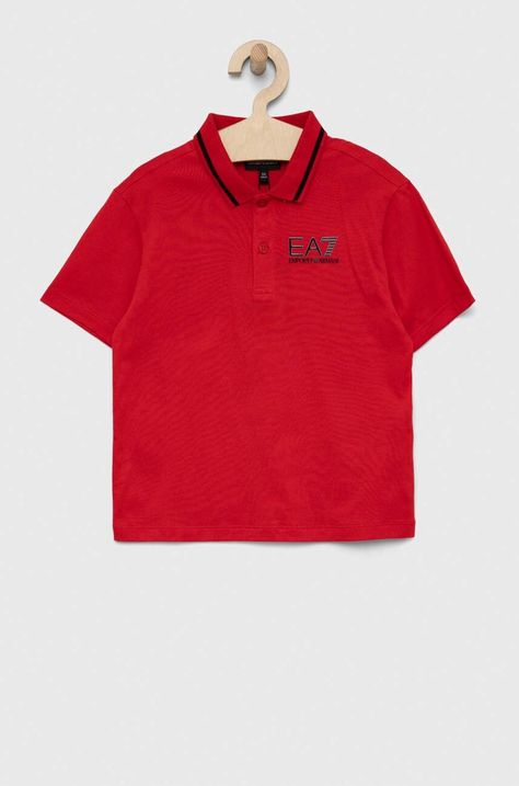 Детска памучна тениска с яка EA7 Emporio Armani в червено с изчистен дизайн