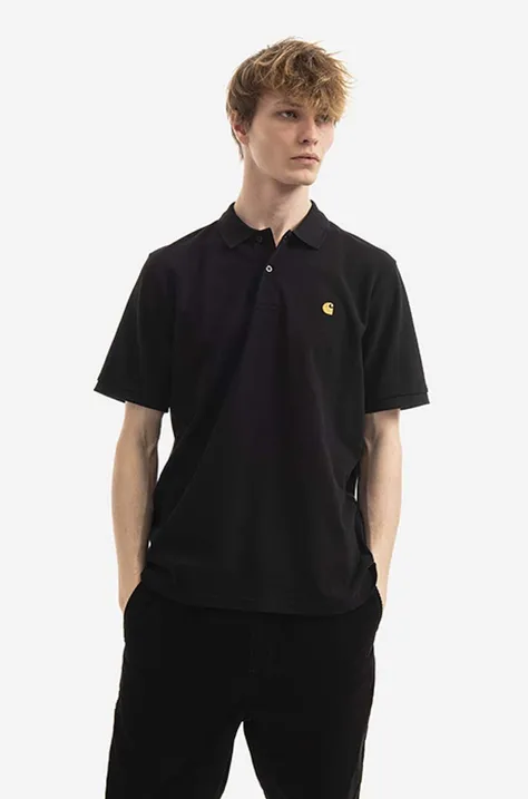 Bavlnené polo tričko Carhartt WIP Chase Pique I023807.BLACK.GOLD-BLACK.GOLD, čierna farba, jednofarebné