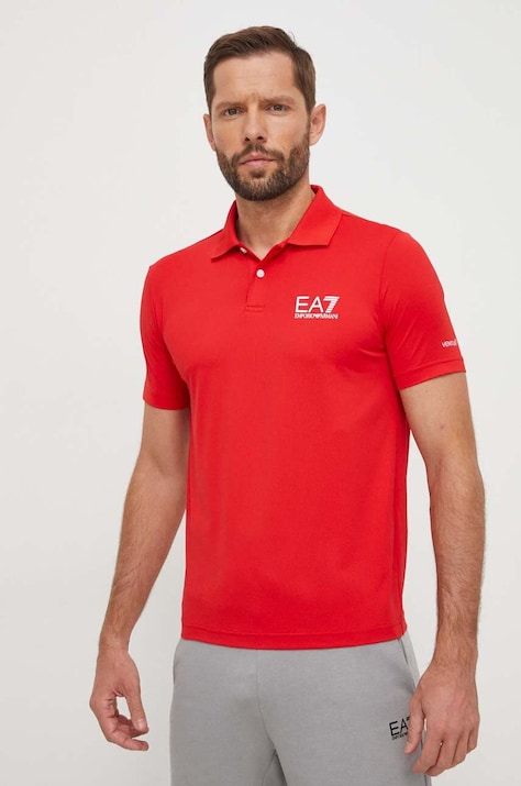 Polo tričko EA7 Emporio Armani pánsky, červená farba, s potlačou