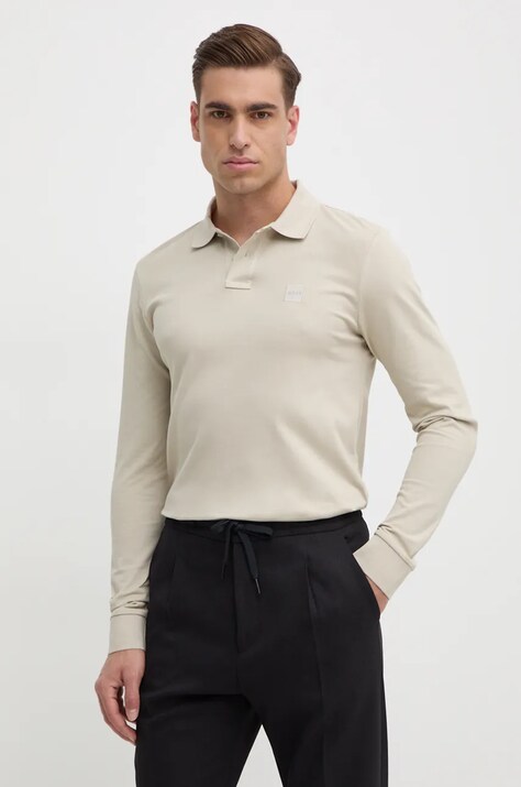 Boss Orange longsleeve barbati, culoarea bej, neted, 50507704