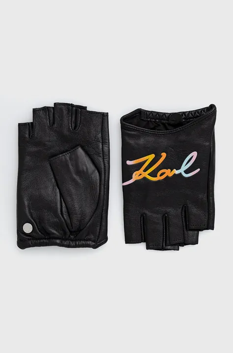 Kožené rukavice bez prstov Karl Lagerfeld dámske, čierna farba