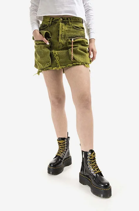 Aries spódnica jeansowa Acid Washed Cargo Skirt kolor zielony mini prosta AR32304-LIME