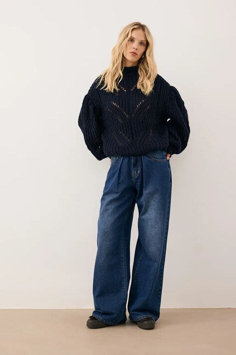 BIZUU jeansy wide leg damskie LEYLA granatowe GRANATOWY