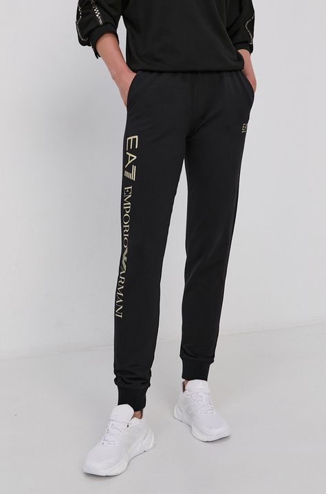 EA7 Emporio Armani Pantaloni femei, culoarea negru, material neted
