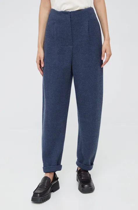 Emporio Armani pantaloni din lana femei, culoarea albastru marin, drept, high waist