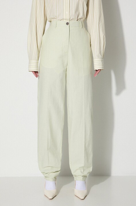 Wood Wood spodnie z domieszką lnu Courtney Mini Stripe Trousers kolor zielony proste high waist 12211600.5291-PASTELG