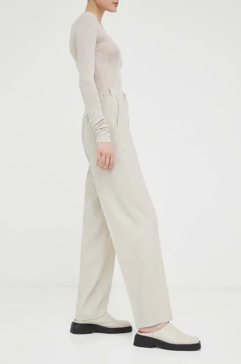 American Vintage spodnie wełniane kolor beżowy proste high waist