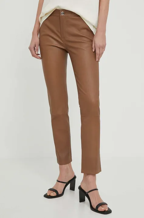 2NDDAY pantaloni de piele Leya femei, culoarea bej, drept, medium waist