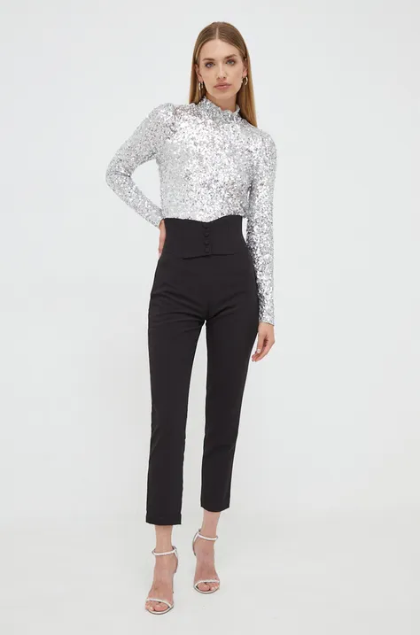 Bardot pantaloni femei, culoarea negru, drept, high waist