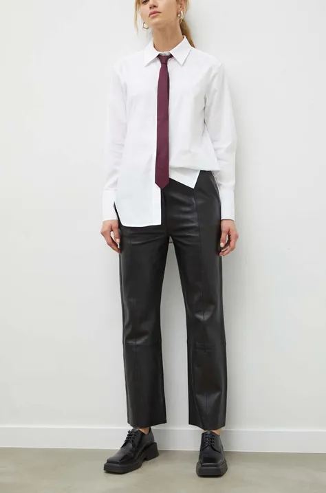 Kožne hlače Day Birger et Mikkelsen za žene, boja: crna, ravni kroj, visoki struk