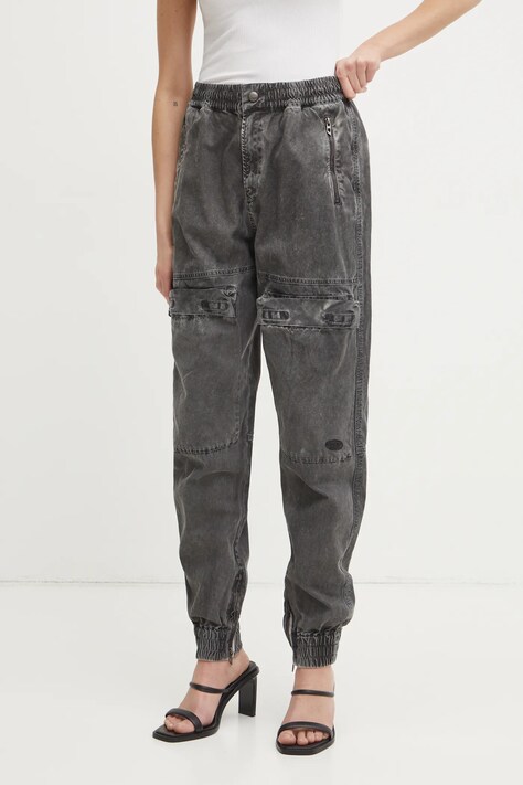 Bavlněné kalhoty Diesel P-RIDE-Q3 TROUSERS šedá barva, kapsáče, high waist, A17383.0NJBP