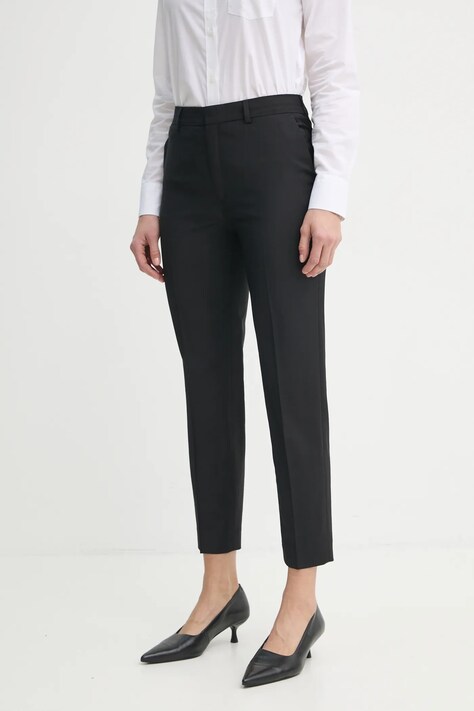 Vlnené nohavice Filippa K čierna farba, priliehavé, vysoký pás, 29111