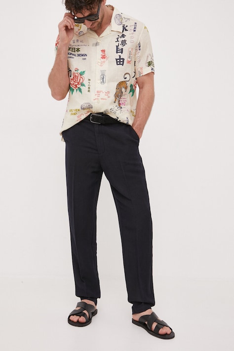 Armani Exchange spodnie lniane kolor granatowy proste