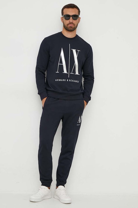 Armani Exchange pantaloni de trening din bumbac culoarea albastru marin, cu imprimeu