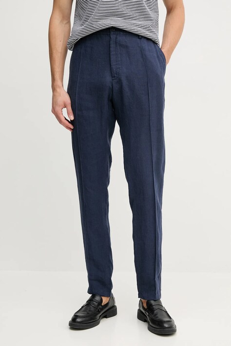 Emporio Armani pantaloni din in bărbați, culoarea albastru marin, mulata, 01P590 01448