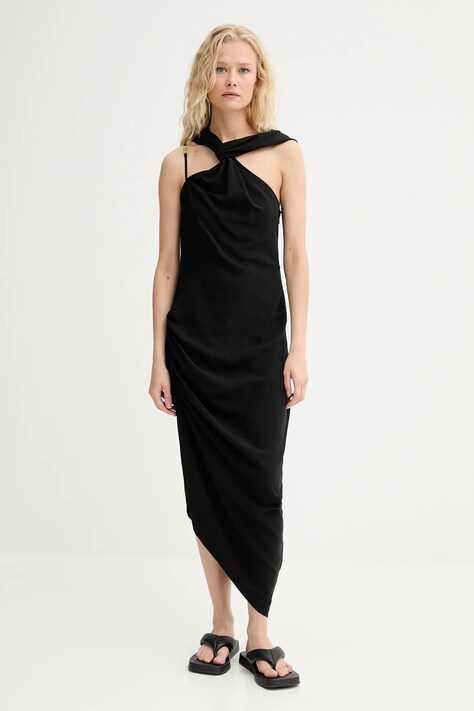 Renewed sukienka z domieszką lnu creative upcycling kolor czarny midi dopasowana Renewed INTU x Answear