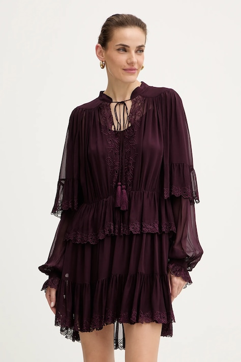 Рокля с вискоза Twinset в бордо къса със стандартна кройка 252TS2296