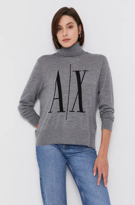 Armani Exchange gyapjú pulóver könnyű, női, szürke, garbónyakú