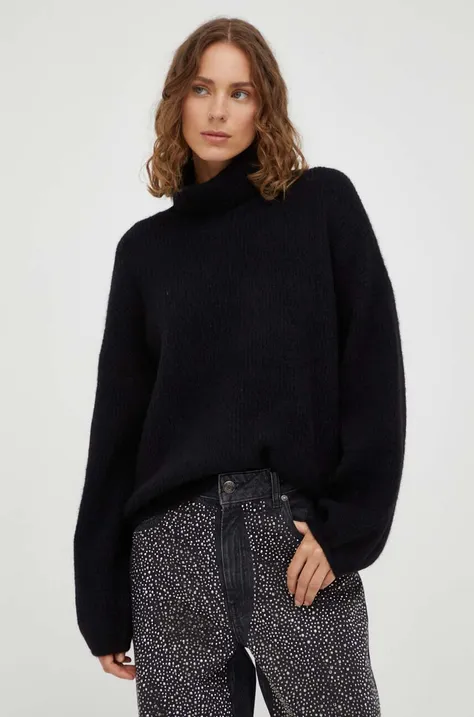 Gestuz sweter wełniany damski kolor czarny ciepły z golfem