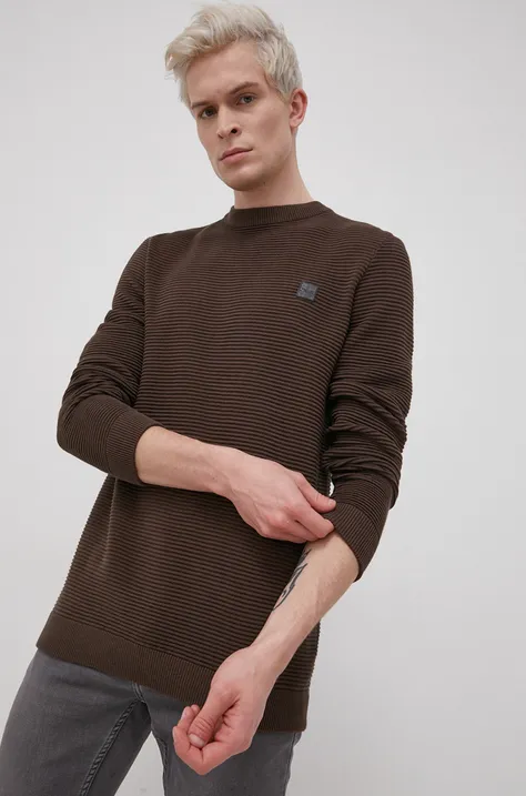 Βαμβακερό πουλόβερ Solid ανδρικό, χρώμα: καφέ
