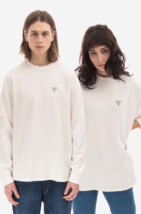 Βαμβακερό πουλόβερ Guess χρώμα: μπεζ, Sweter GUESS USA Longsleeve Thermal Crewneck M2BP01KBB20 G046 F3M2BP01KBB20 G046