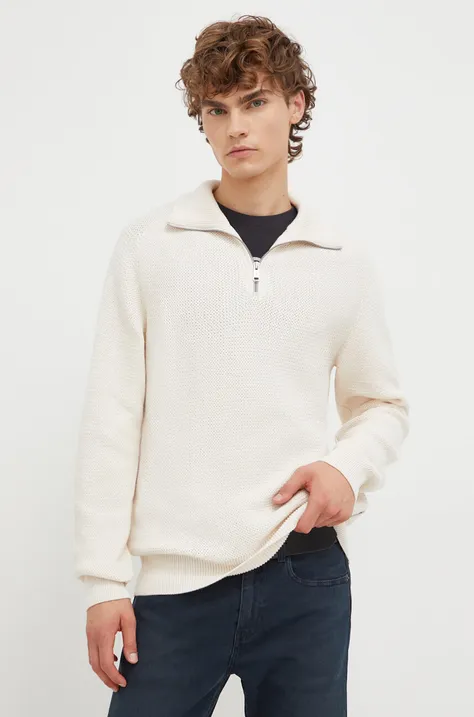 Памучен пуловер Marc O'Polo в бежово с ниско поло