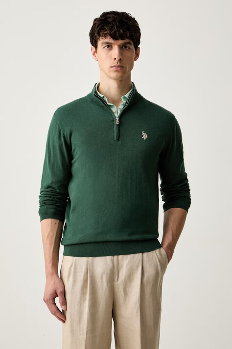 U.S. Polo Assn. sweter męski z bawełną Rich Funnel 1/4 Zip zielony MUP2963