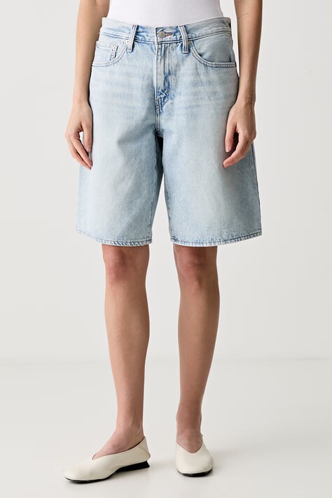 Levi's къс панталон дамски от памук SQUARE PEG син с висока талия 005LV